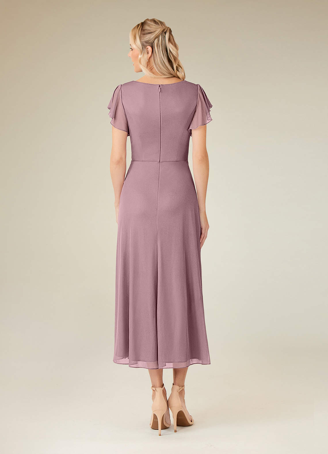 Azazie Vera Mother of the Bride Dresses Dusty Rose A-Line V-Neck Pleated Mesh Dress image3