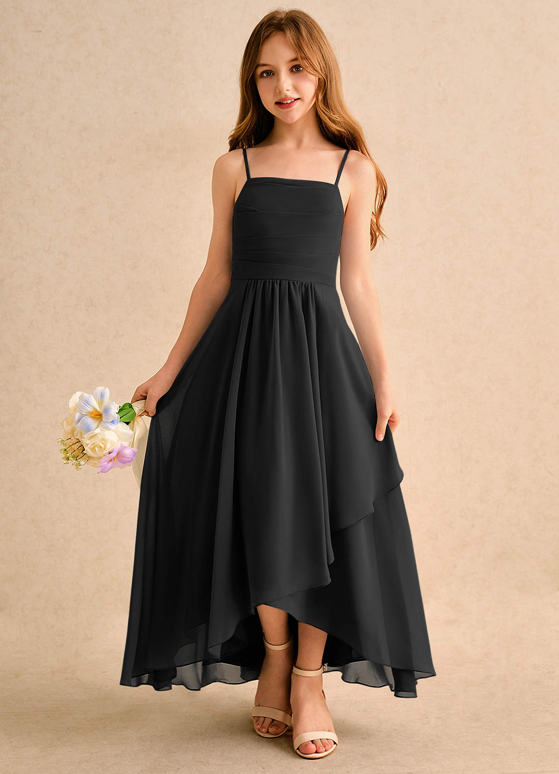 black formal dress for girls Azazie A-Line/Princess Square Neck Asymmetrical Chiffon Girl Dresses Mermaid