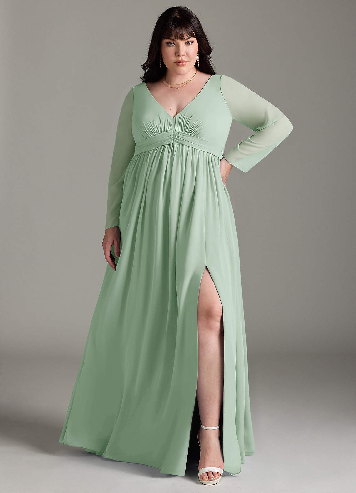 Azazie Teton Brautjungfernkleider für Schwangere A-Linie Langarm Chiffon Bodenlänge Kleid image1