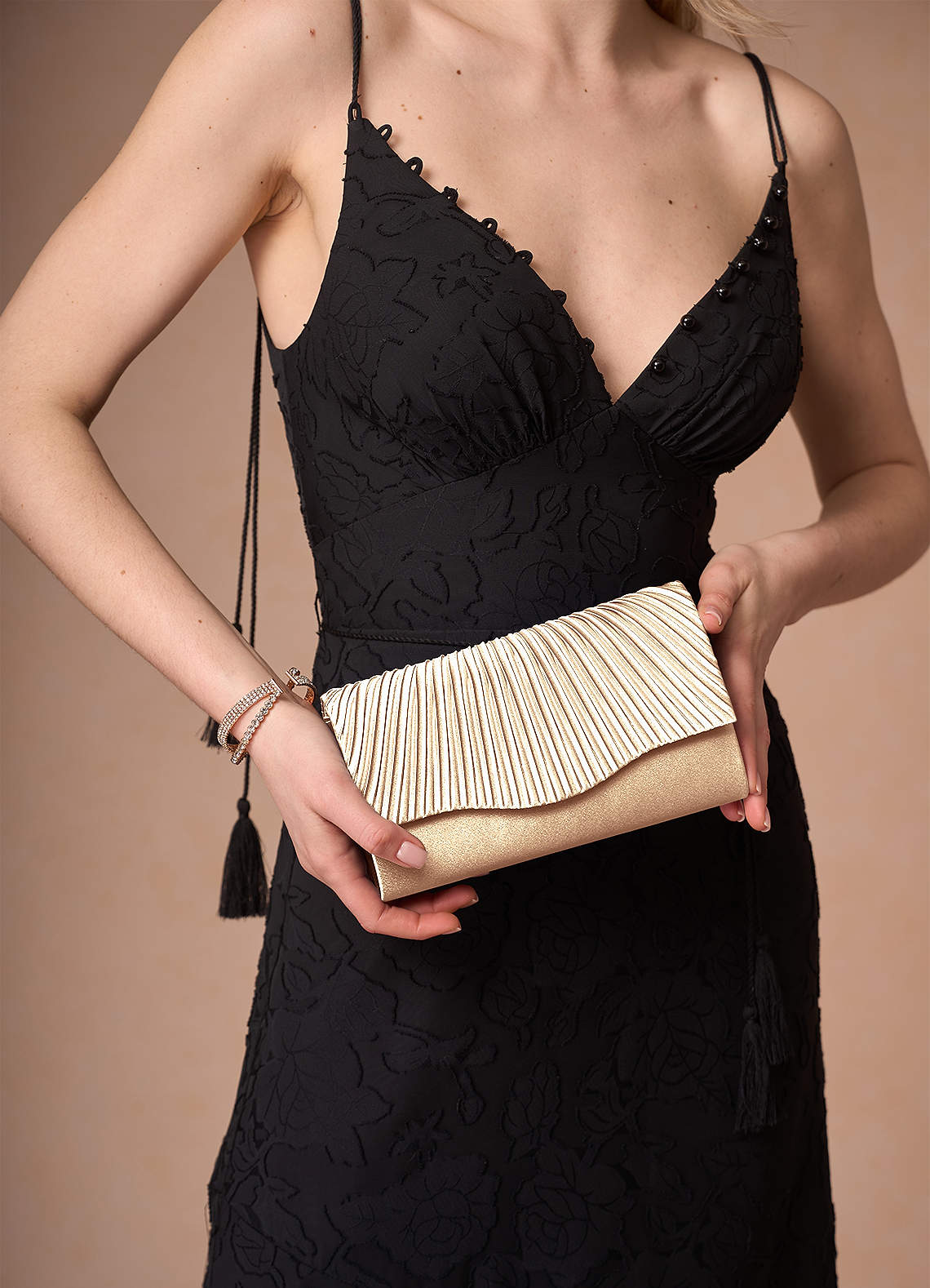 front Matching Color Pleated Metallic Satin Envelope Clutch
