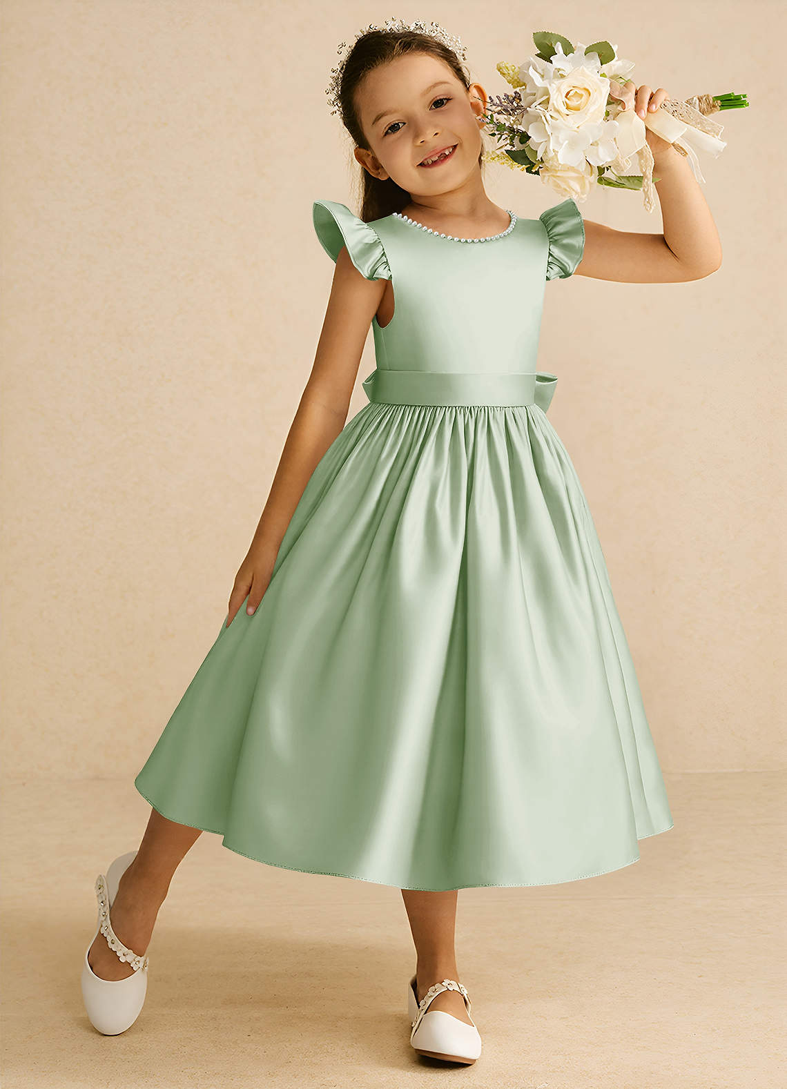 Azazie Dumpling Flower Girl Dresses Dusty Sage A-Line Bow Matte Satin Dress image2