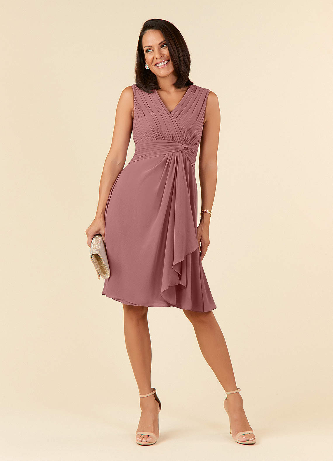 Azazie Theron Mother of the Bride Dresses Desert Rose A-Line V-Neck Pleated Chiffon Dress image1