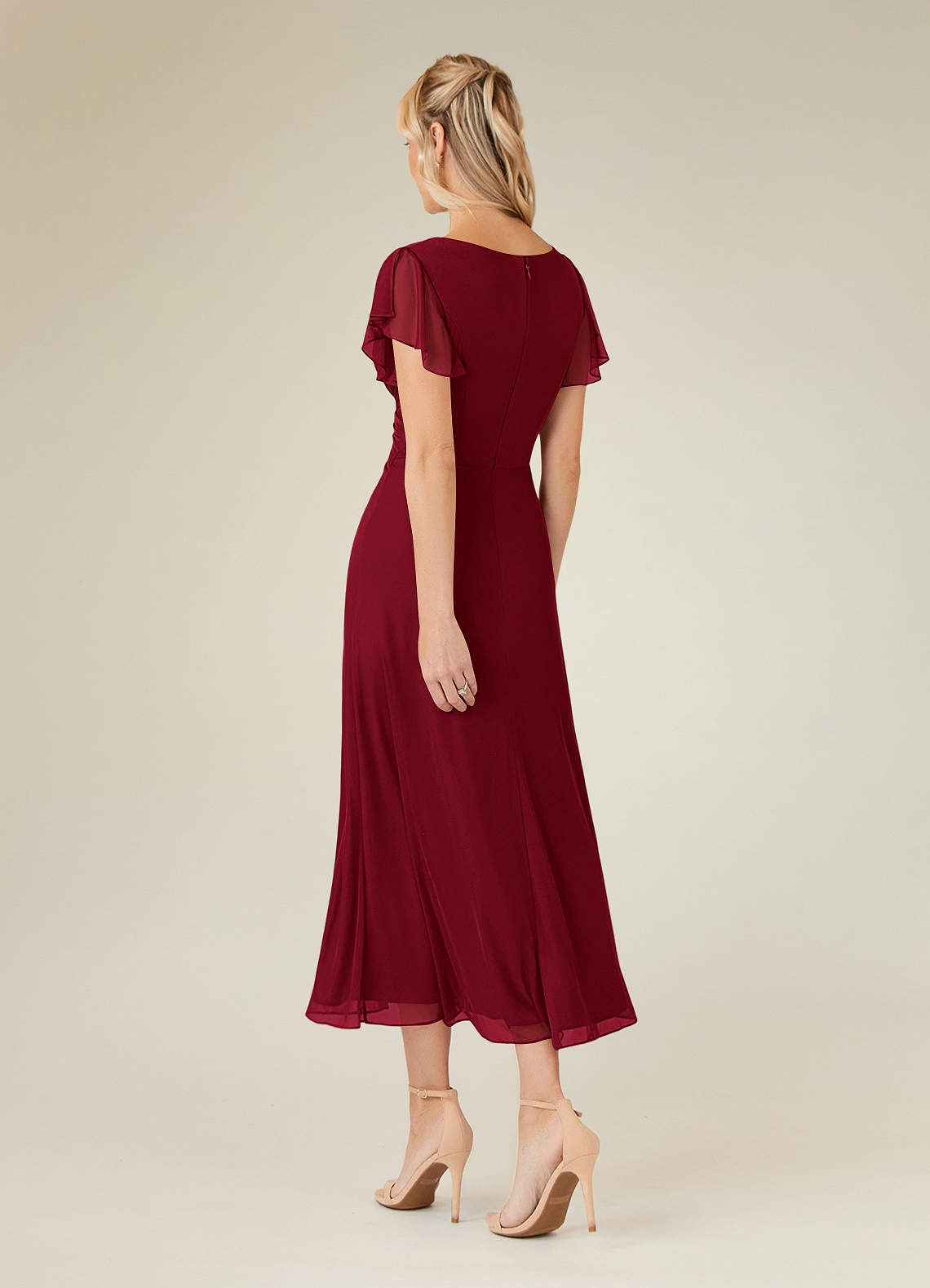 Azazie Vera Mother of the Bride Dresses Burgundy A-Line V-Neck Pleated Mesh Dress image2