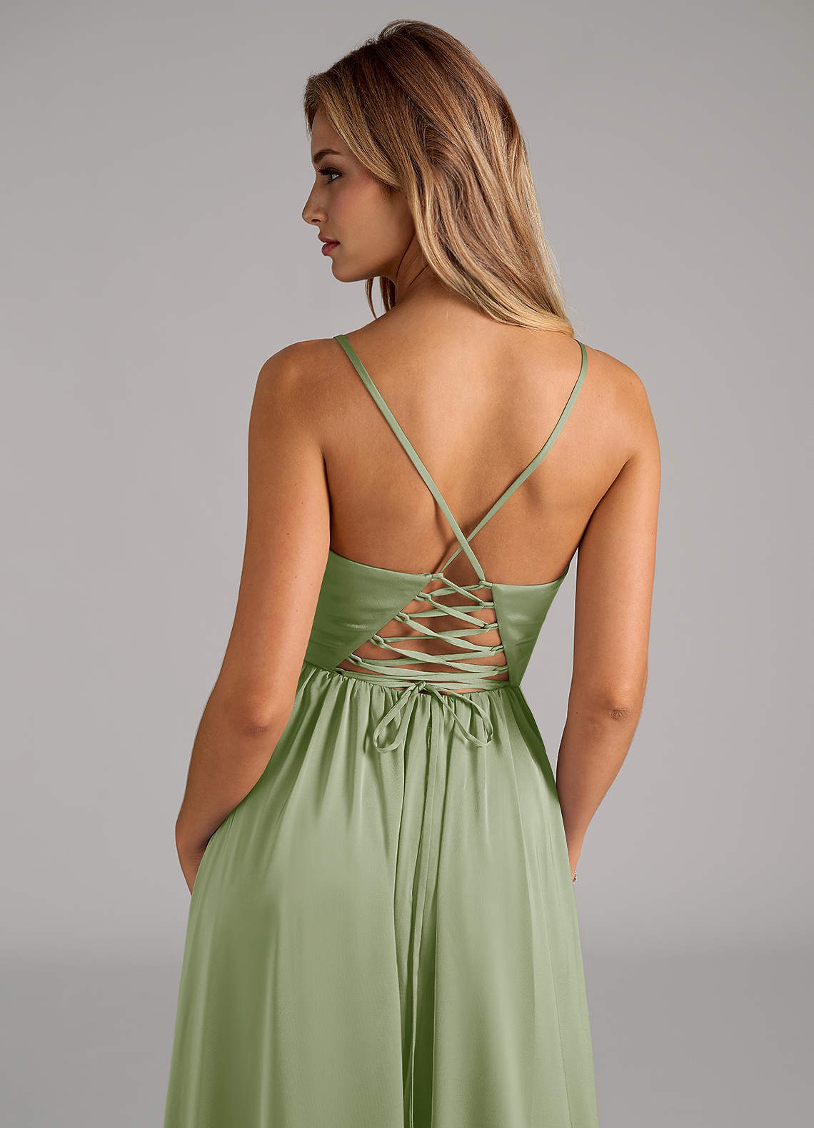 Azazie Aaida Robes de demoiselle d'honneur Robe Trapèze en Satin extensible Corset Vert Sauge image1