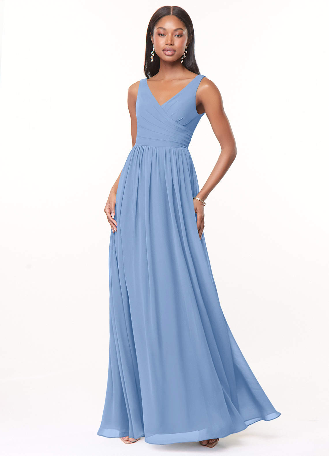Azazie Keyla Bridesmaid Dresses Steel Blue A-Line V-Neck Pleated Chiffon Dress image1