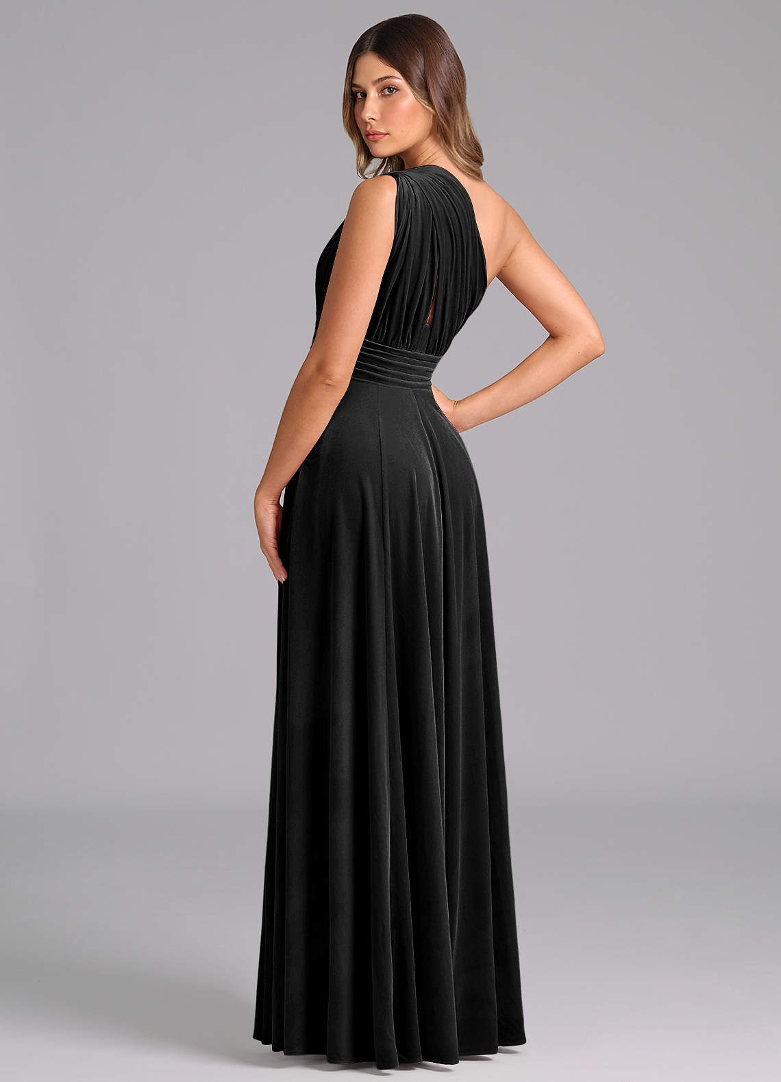 Azazie Charlize At-home Try On Dresses Black A-Line One Shoulder Velvet Dress image1