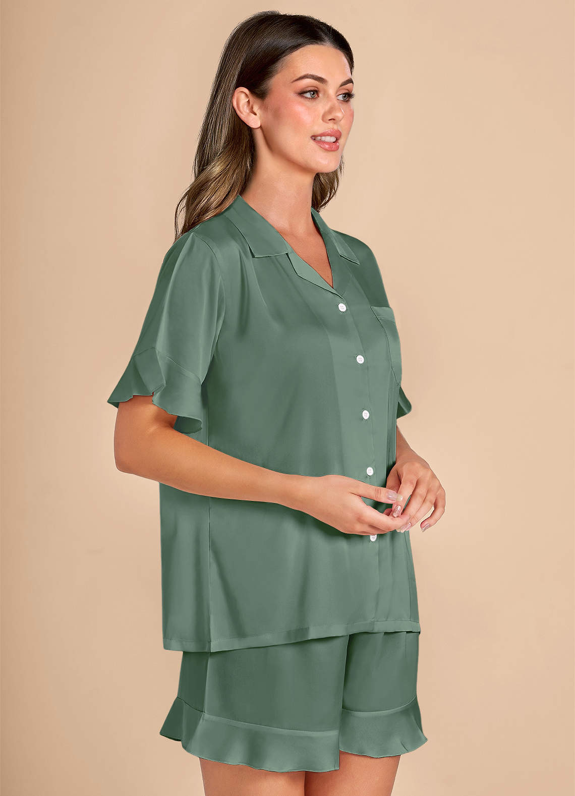 front Ruffled Short Sleeve Pajama Set