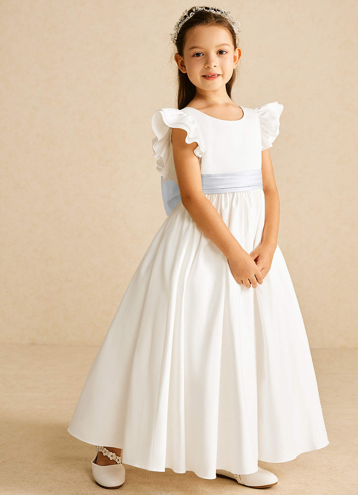 Azazie Aero Flower Girl Dresses Ivory White A-Line Pleated Cotton Dress image4