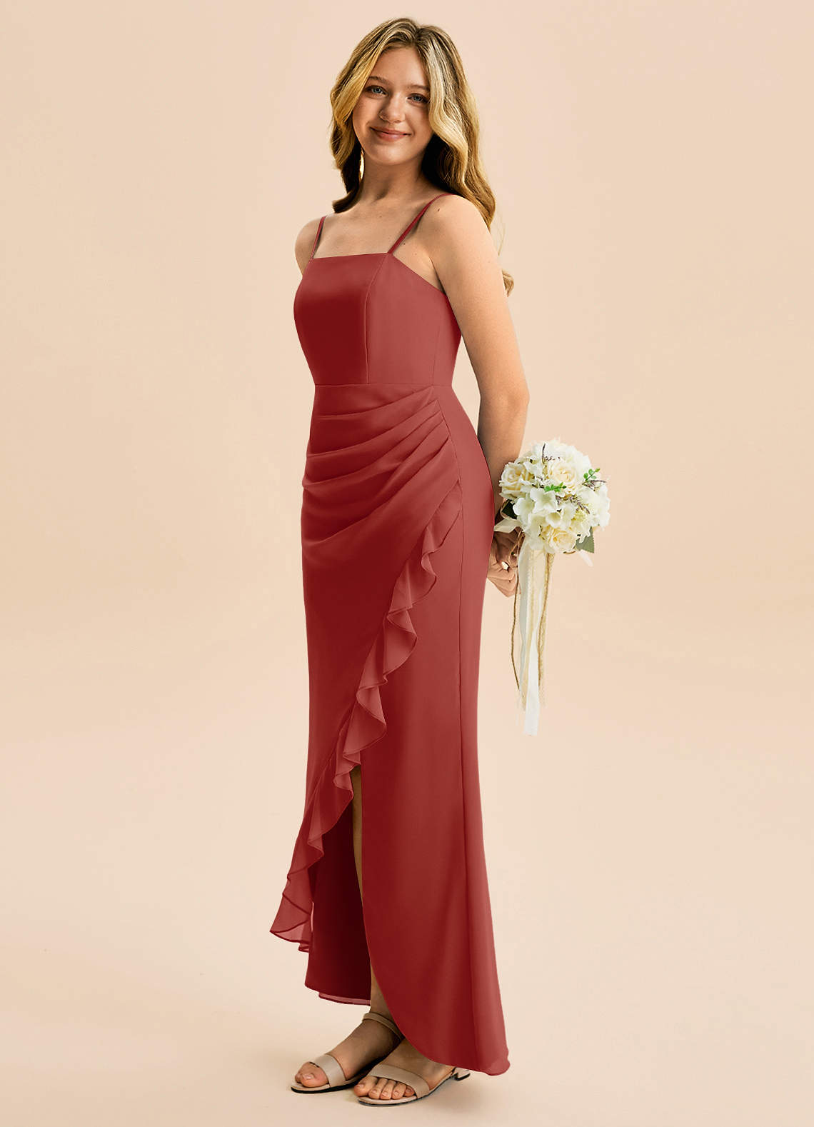 Azazie Buzzy Junior Terracotta Sheath Pleated Chiffon Dress image1