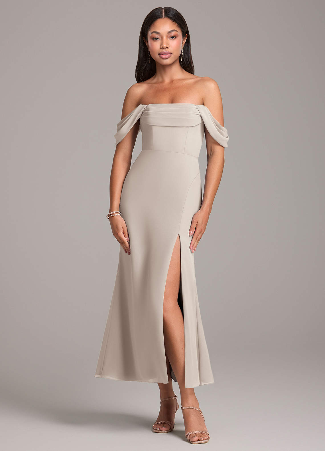 Azazie Saige Bridesmaid Dresses Frost Sheath Off the Shoulder Chiffon Convertible Dress image1