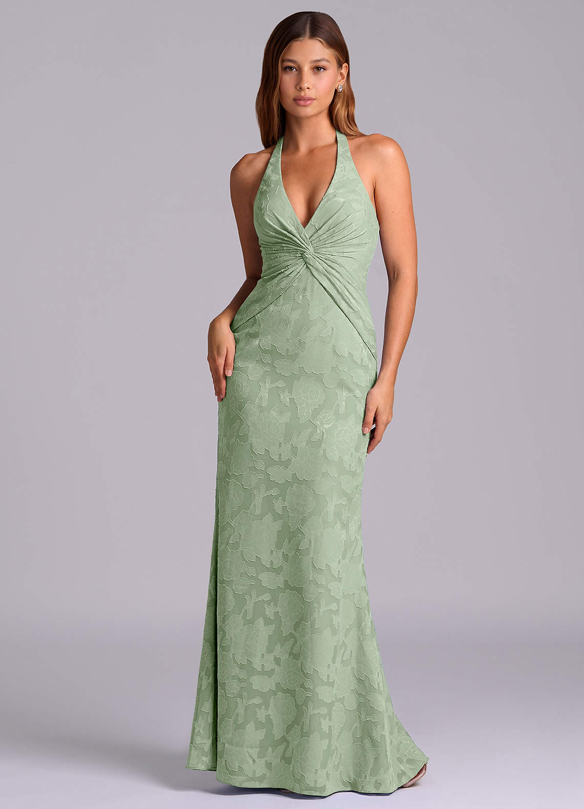 Azazie Valerie 신부 들러리 드레스 인어 주름진 플로럴 번아웃 바닥 길이 드레스 image1