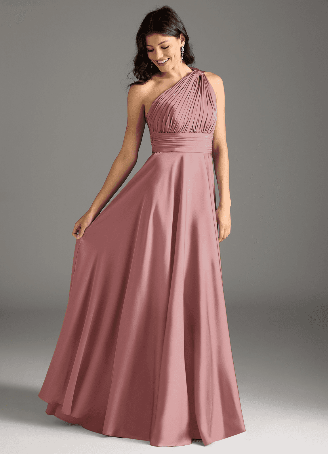 Azazie Charlize Bridesmaid Dresses Dusty Rose A-Line One Shoulder Stretch Satin Dress image1