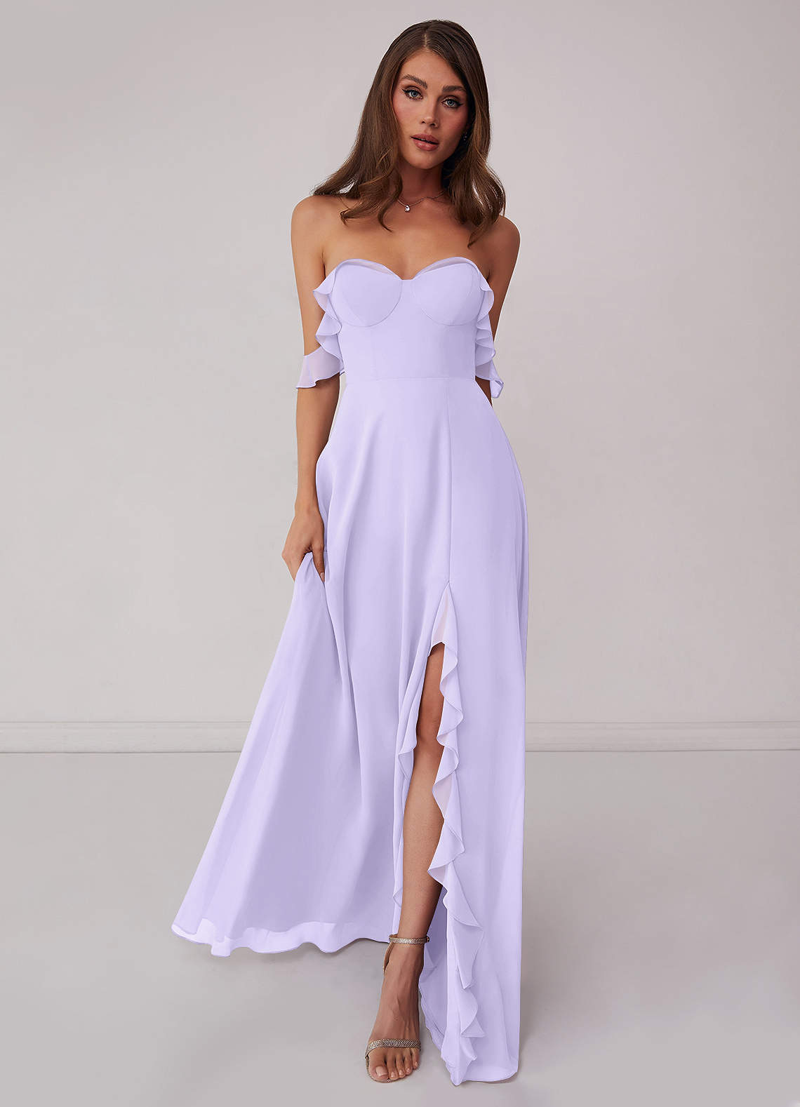 Statement Shoulder Chiffon Bridesmaid Dress - Dusty Lilac