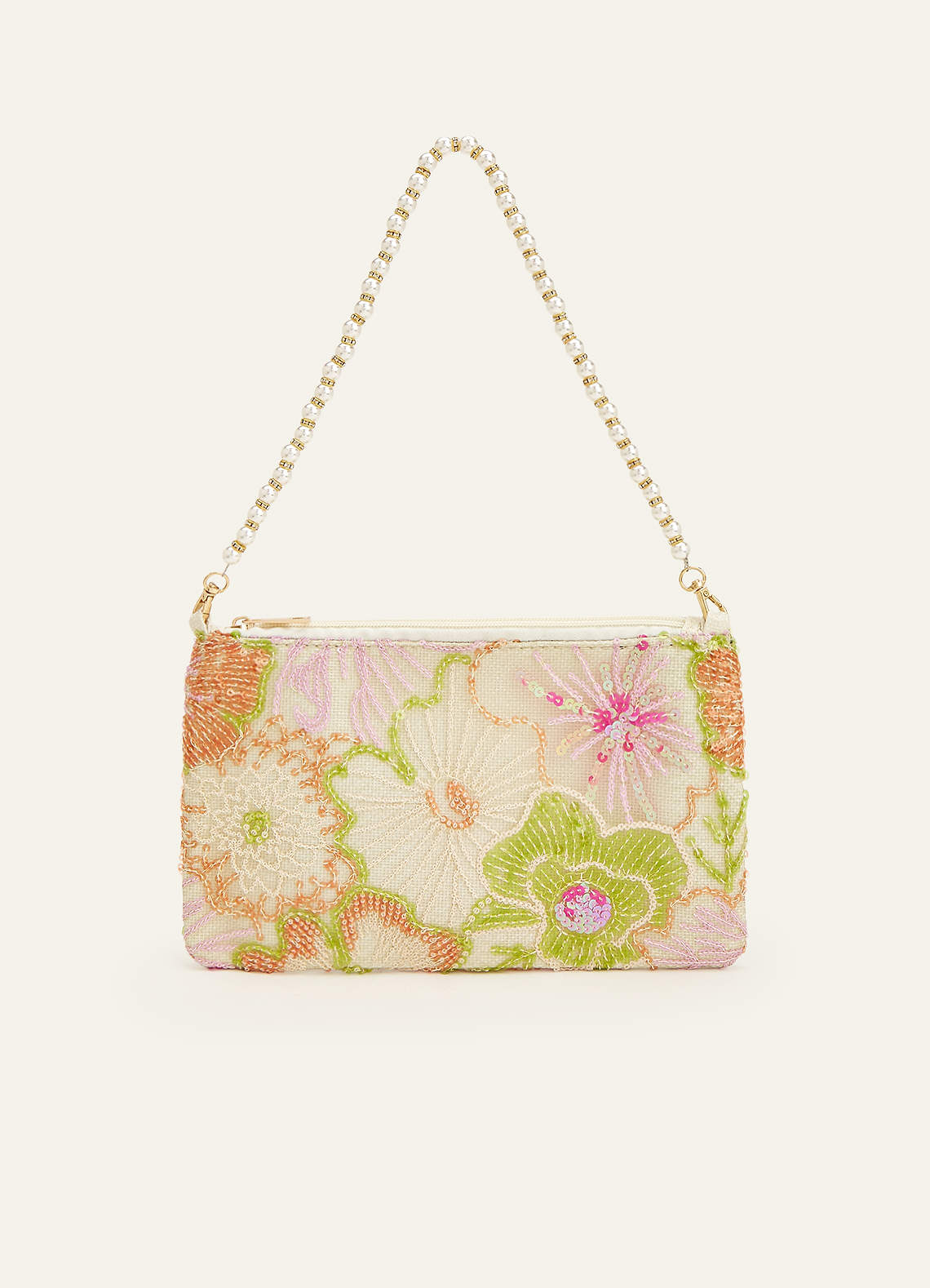 front Sequin Embroidered Floral Pearl Strap Shoulder Bag