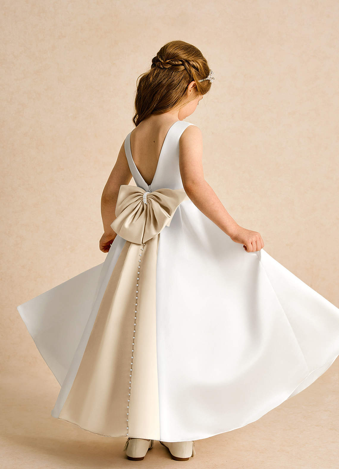 Azazie Cherry Flower Girl Dresses Ivory Champagne Ball-Gown Pleated Matte Satin Dress image3