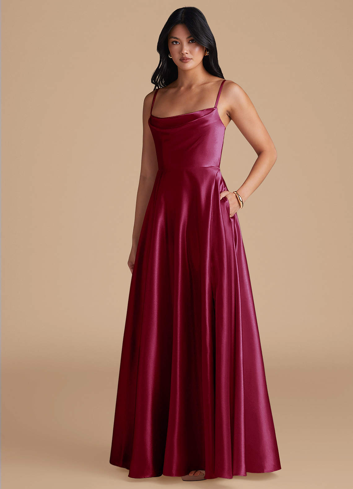 Azazie Elle Vestidos de madrinha de casamento Vestir Borgonha de Cetim Metálico de Linha A com com bolsos image1