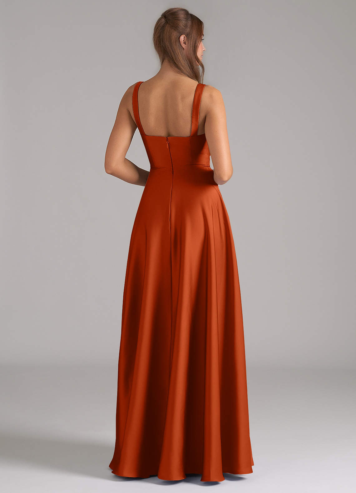 Azazie Shaude Bridesmaid Dresses Burnt Orange A-Line Pleated Stretch Satin Dress image5