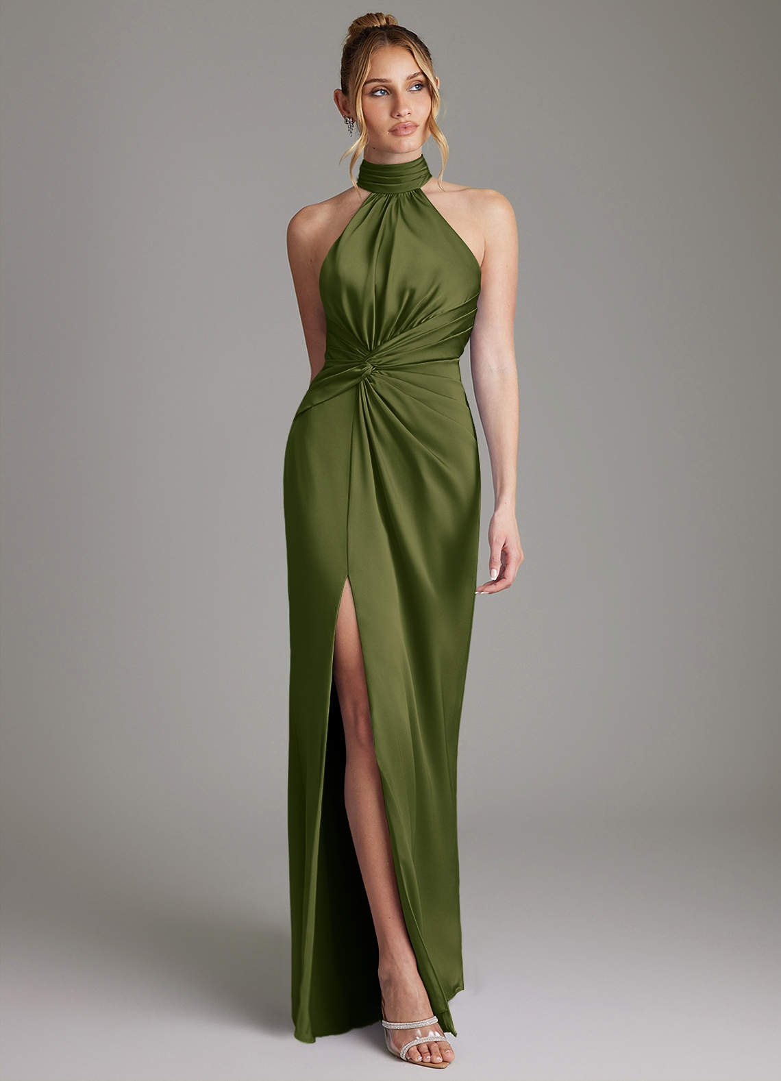 Azazie Gracelynn Bright Olive Stretch Satin Bridesmaid Dresses