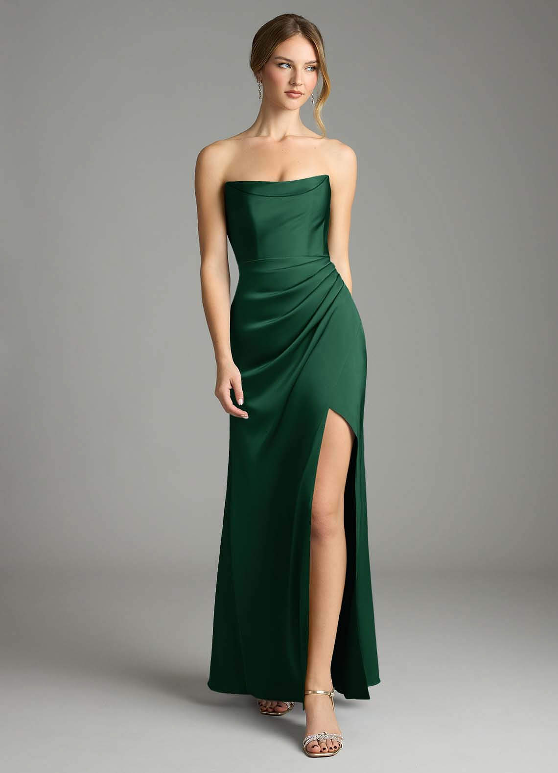 Azazie Leonis Dark Green Stretch Satin Bridesmaid Dresses | Azazie