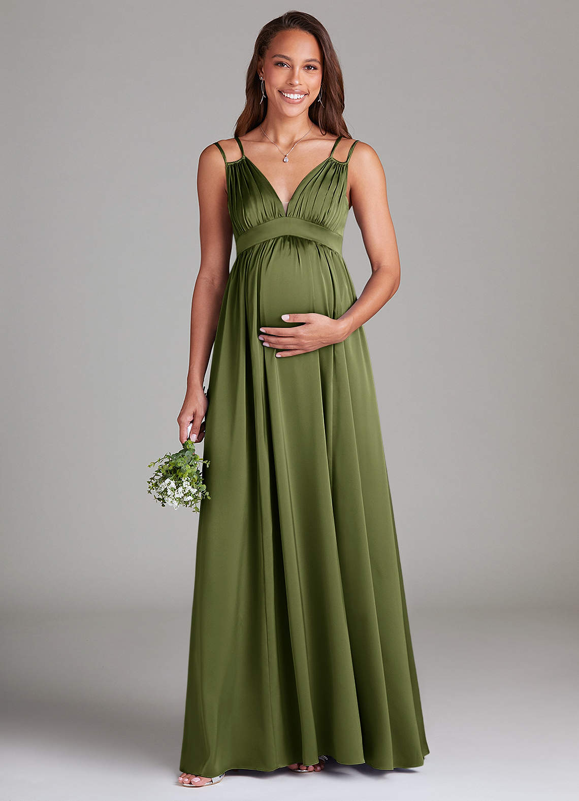 Azazie Emree Maternity Bridesmaid Dresses A-Line Stretch Satin Floor-Length Dress with Pockets image1