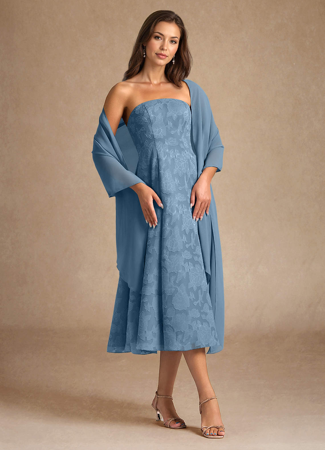 Azazie Lorain Mother of the Bride Dresses Steel Blue A-Line Pleated Floral Burnout Dress image1