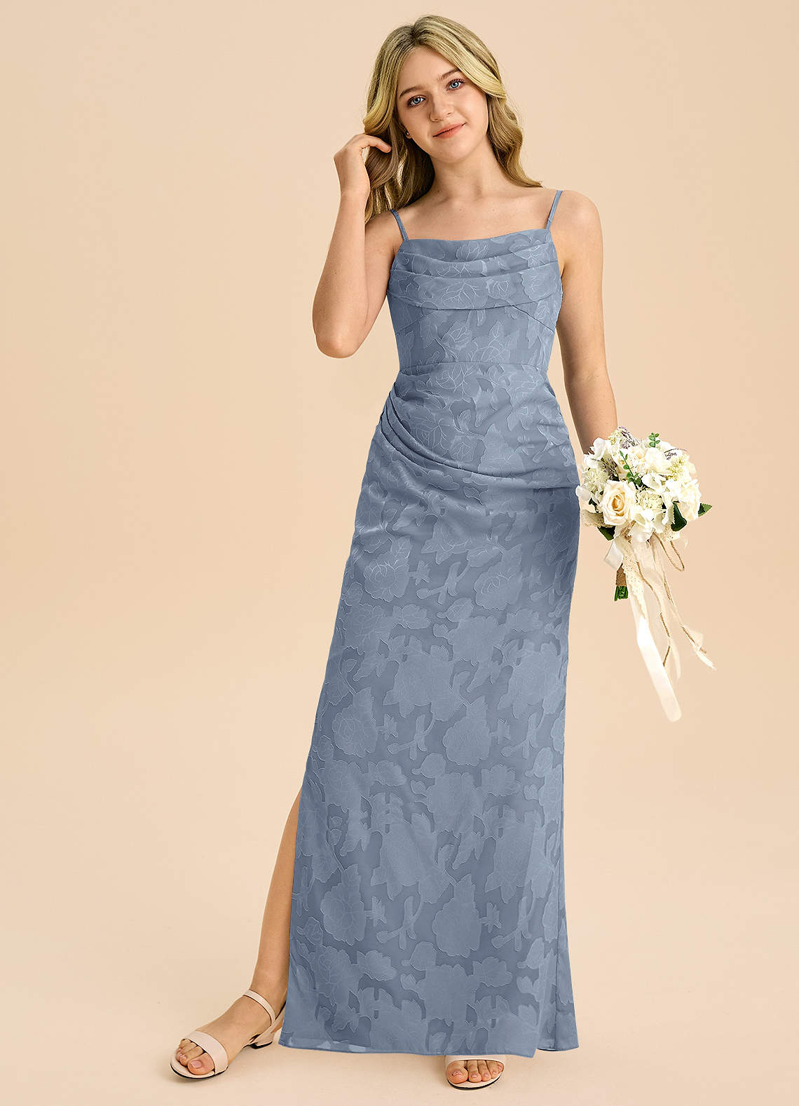 Azazie Mai Junior Dusty Blue Sheath Pleated Floral Burnout Dress image2