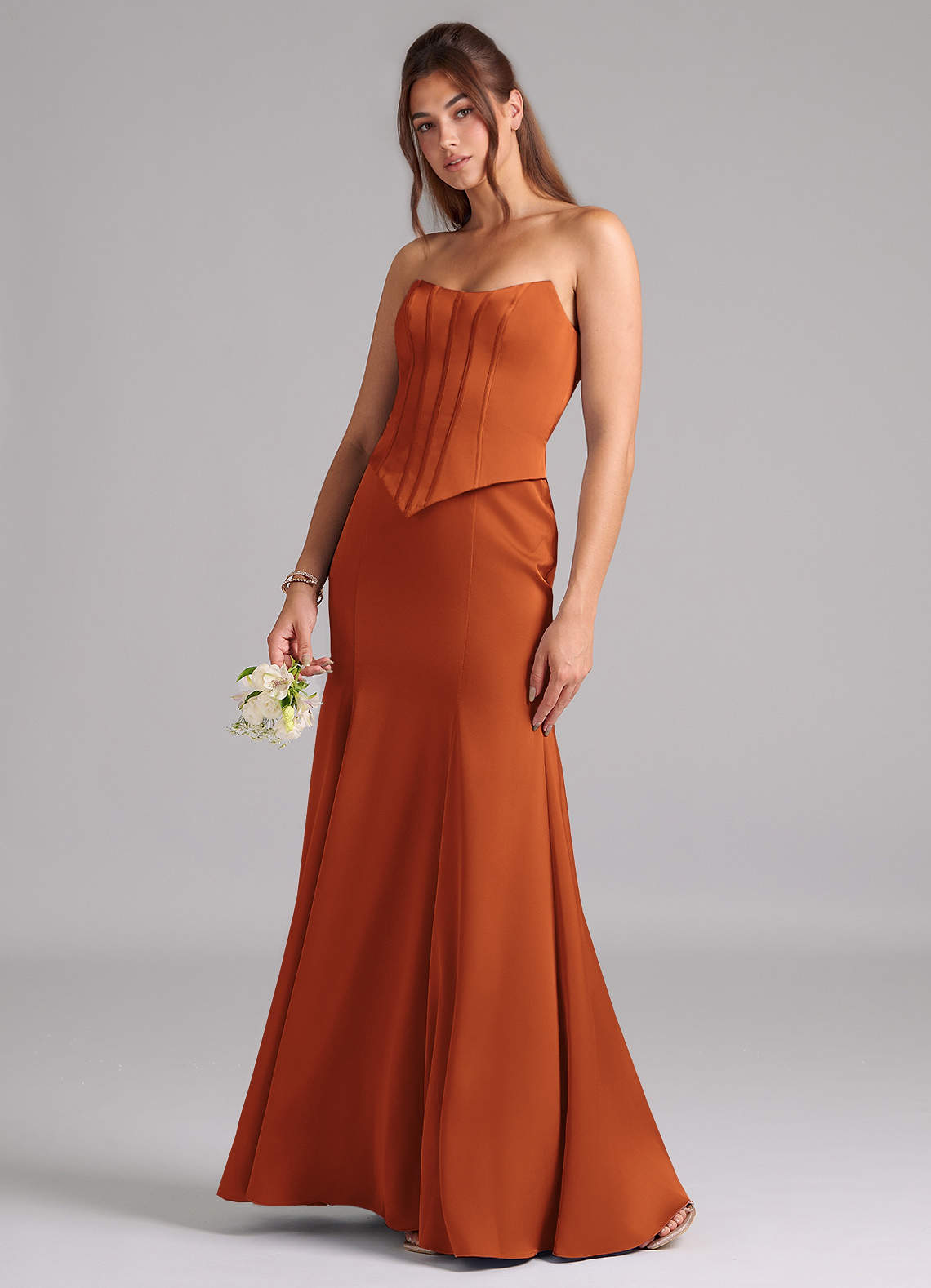 Azazie Ximena Bridesmaid Dresses Cinnamon Mermaid Corset Stretch Satin Convertible Dress image1