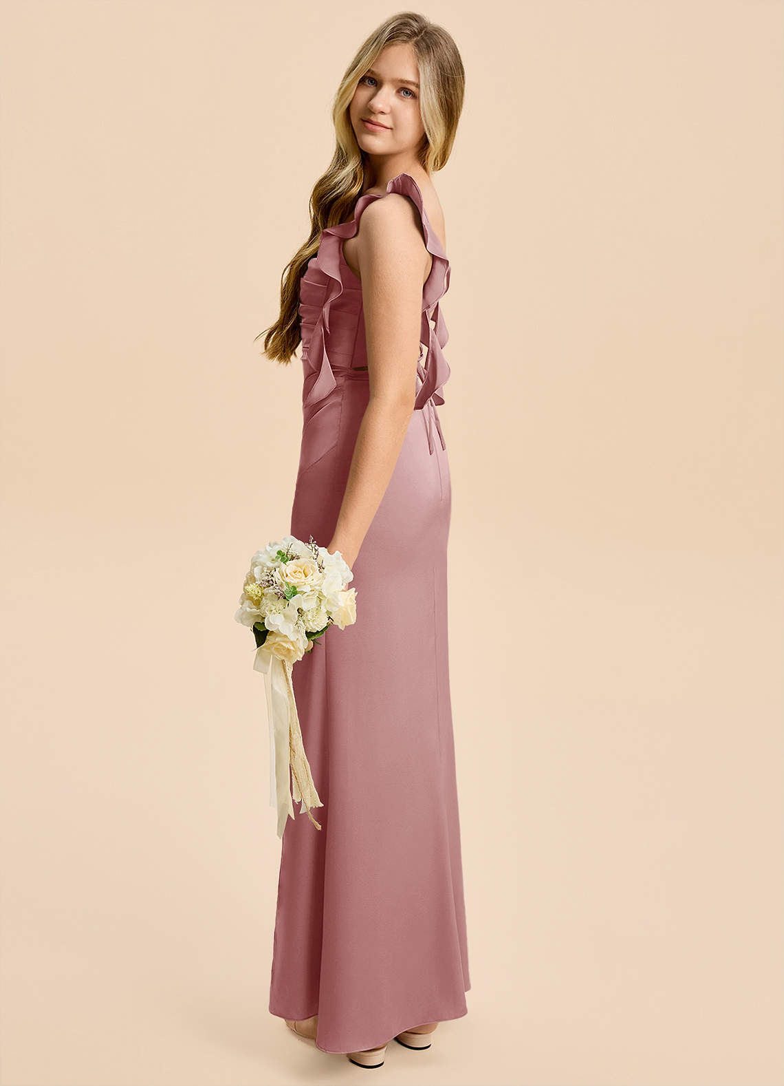 Azazie Jessamine Junior Dusty Rose A-Line Ruched Stretch Satin Dress image2