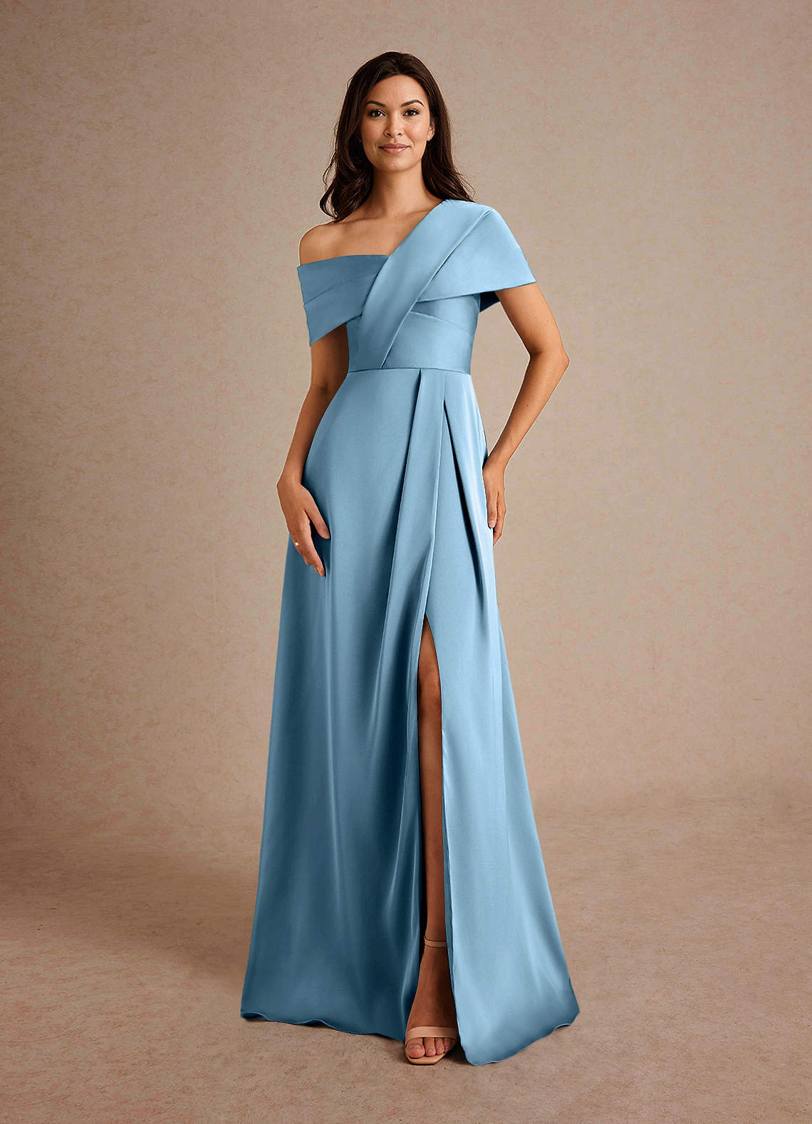 Azazie Milton Mother of the Bride Dresses Steel Blue A-Line Pleated Stretch Satin Dress image4
