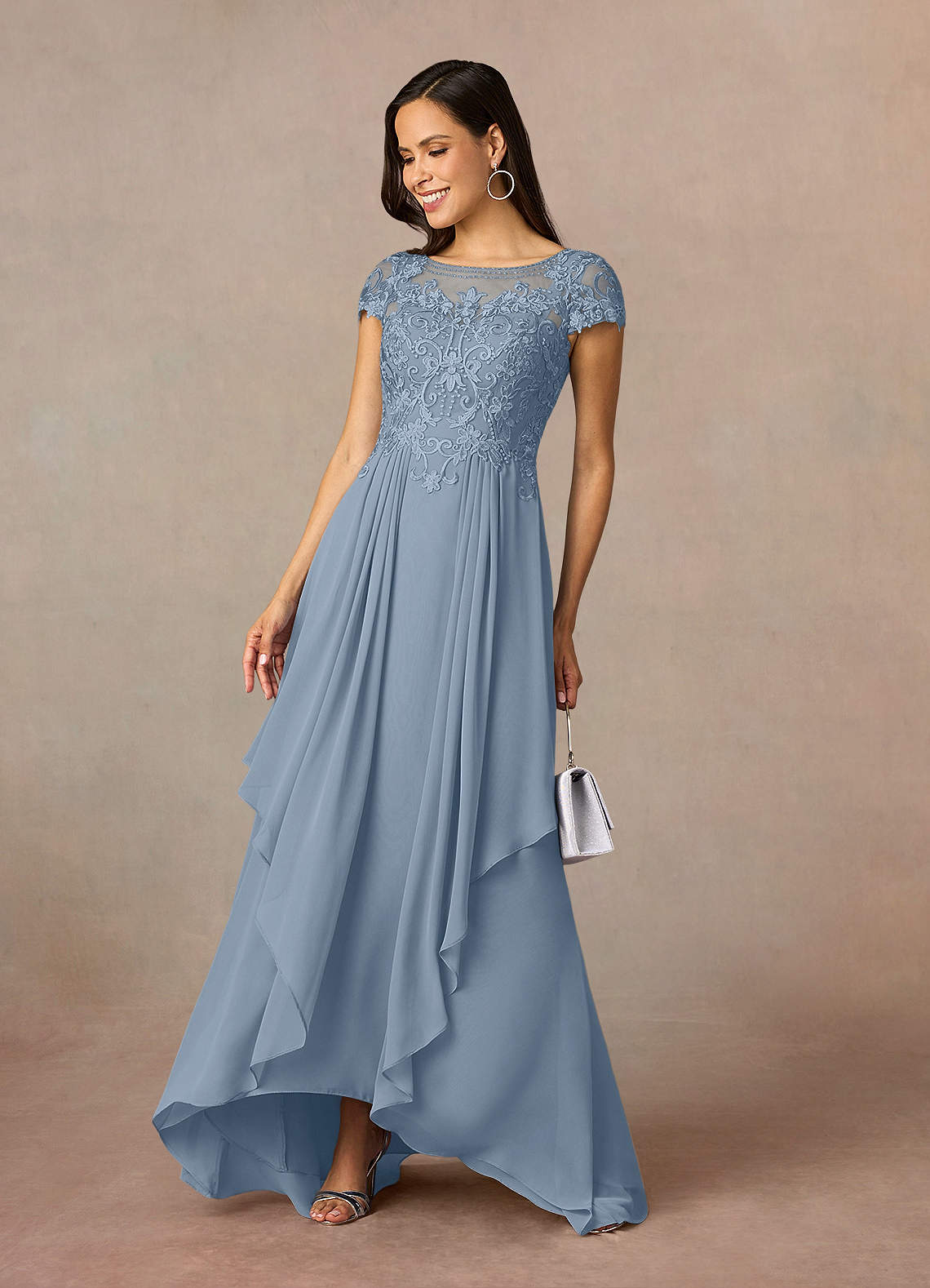 Azazie Lunda Mother of the Bride Dresses Dusty Blue A-Line Lace Chiffon Dress image1