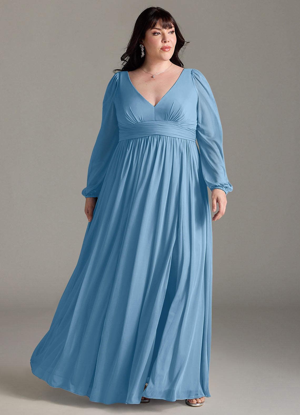 Azazie Norah Abiti da Damigella Abito A-Line in Chiffon con Maniche lunghe e Scollo a V Blu Acciaio image5