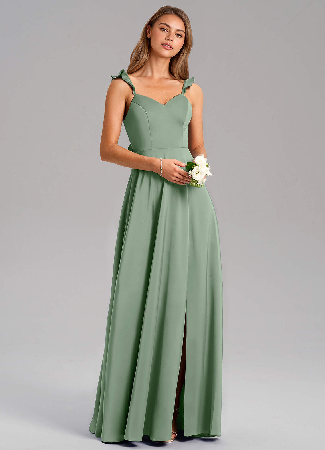 Azazie Everett Bridesmaid Dresses Matcha A-Line Stretch Satin Dress image1