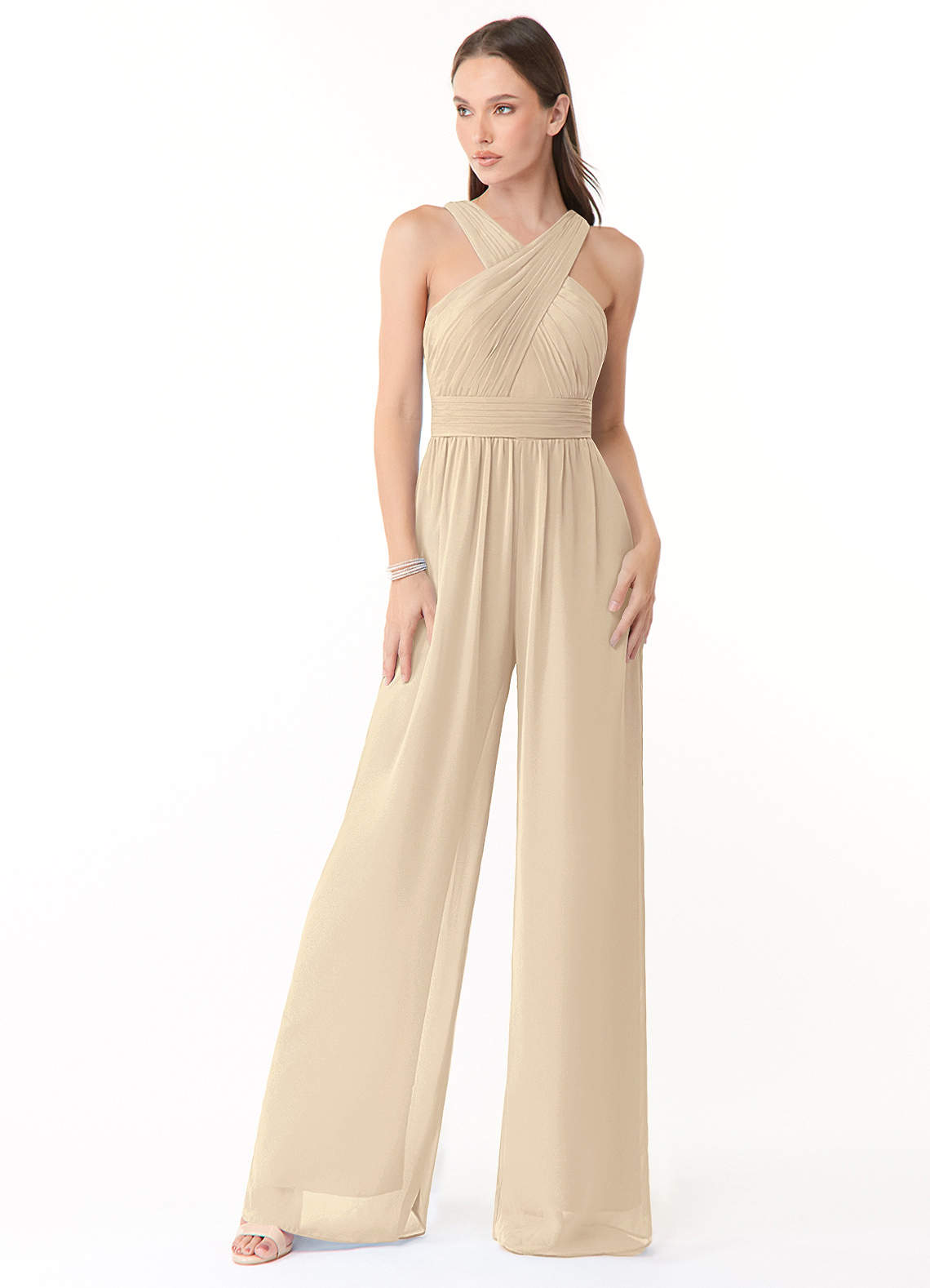 Azazie Berdie Bridesmaid Dresses Champagne Halter Chiffon Jumpsuit image1