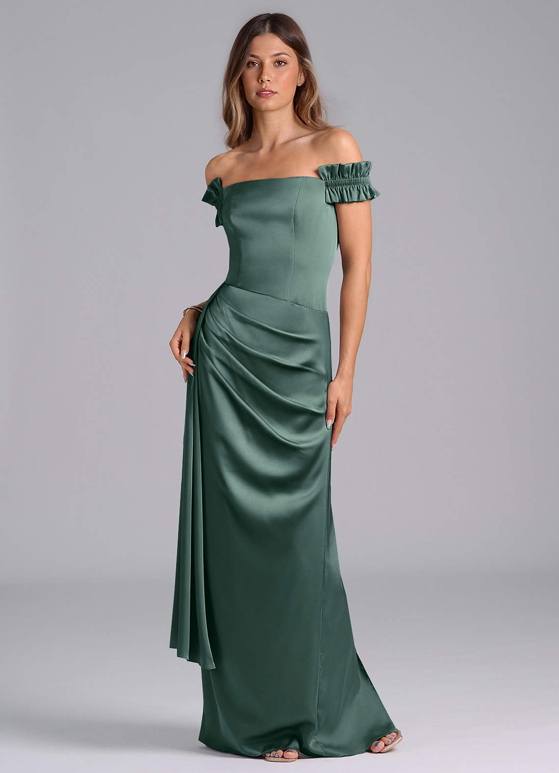 Azazie Kalysia Bridesmaid Dresses Eucalyptus Mermaid Off the Shoulder Stretch Satin Convertible Dress image1