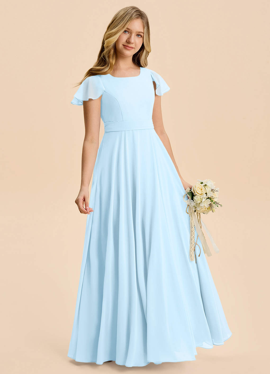 Azazie Cady Junior Sky Blue A-Line Pleated Chiffon Dress image2
