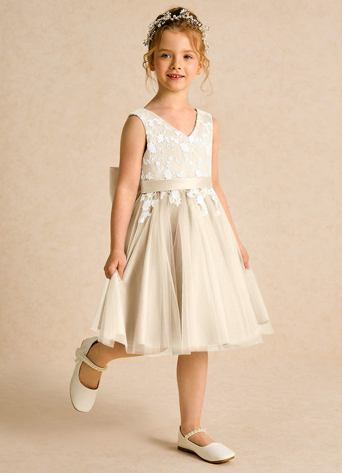 Azazie Butterfly Flower Girl Dresses Champagne A-Line Lace Dress image2
