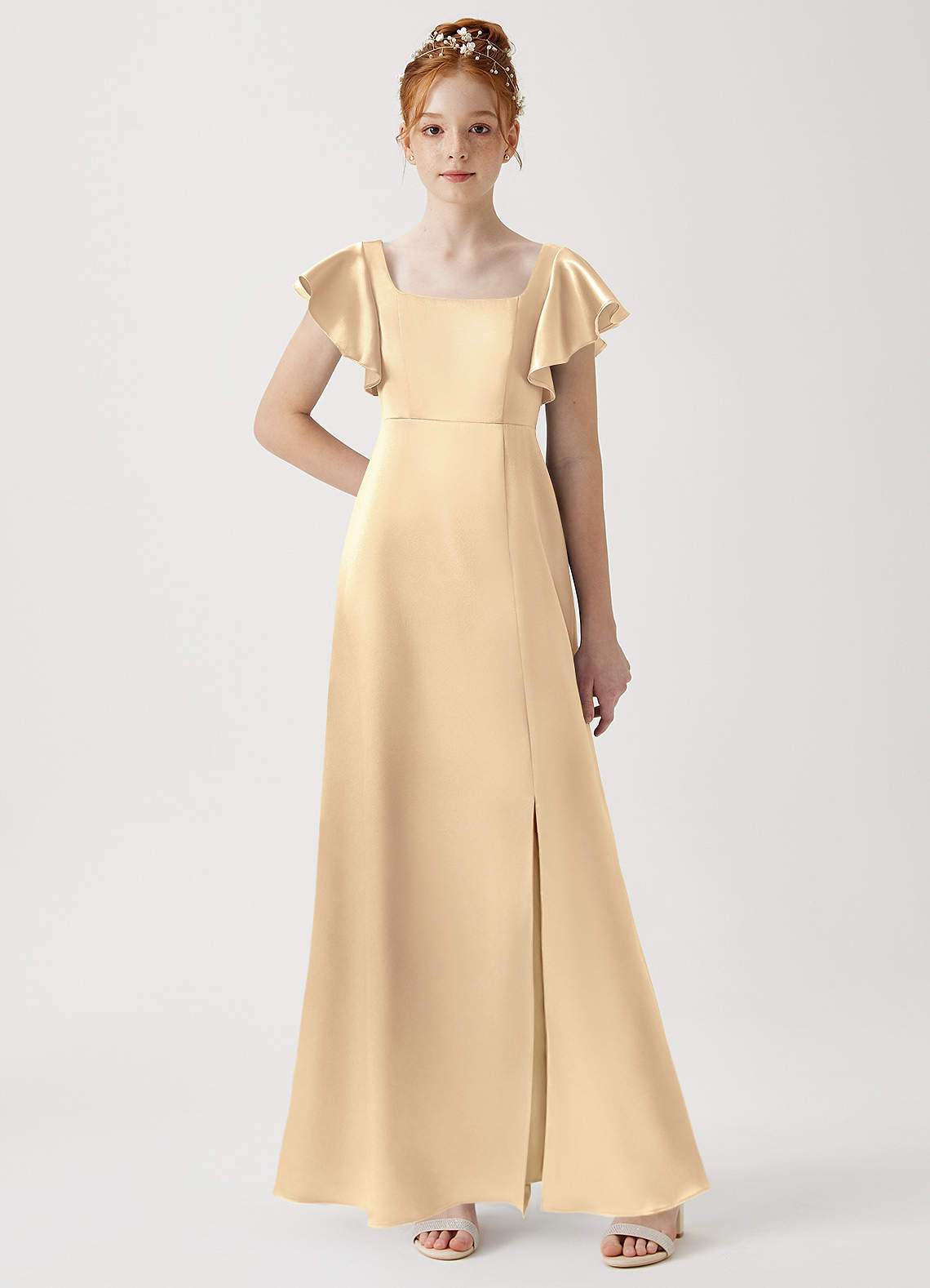 Azazie Bondi Junior Gold A-Line Side Slit Metallic Satin Dress image1