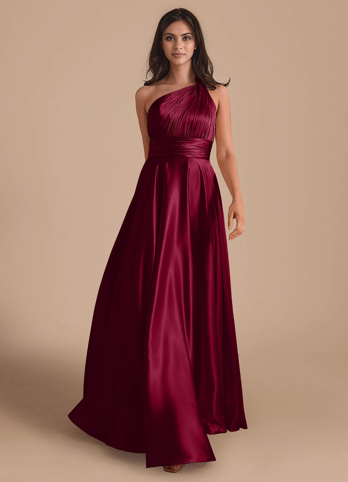 Azazie Charlize Bridesmaid Dresses Burgundy A-Line One Shoulder Metallic Satin Dress image1