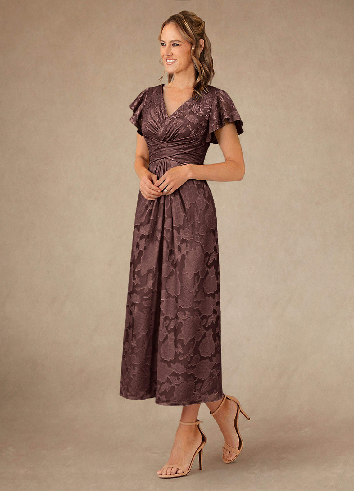 Azazie Vera Mother of the Bride Dresses Espresso A-Line Pleated Floral Burnout Dress image1