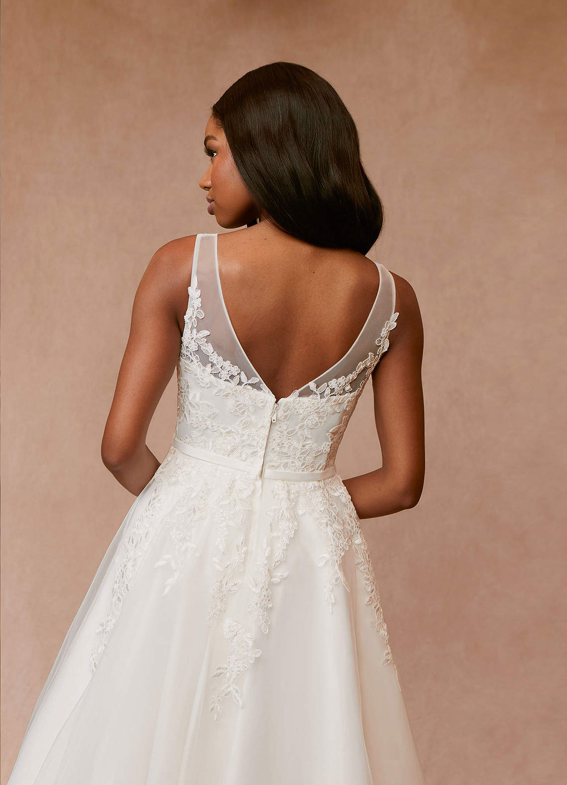 Azazie Dolores Wedding Dresses A-Line V-Neck lace Satin Tea-Length Dress image1