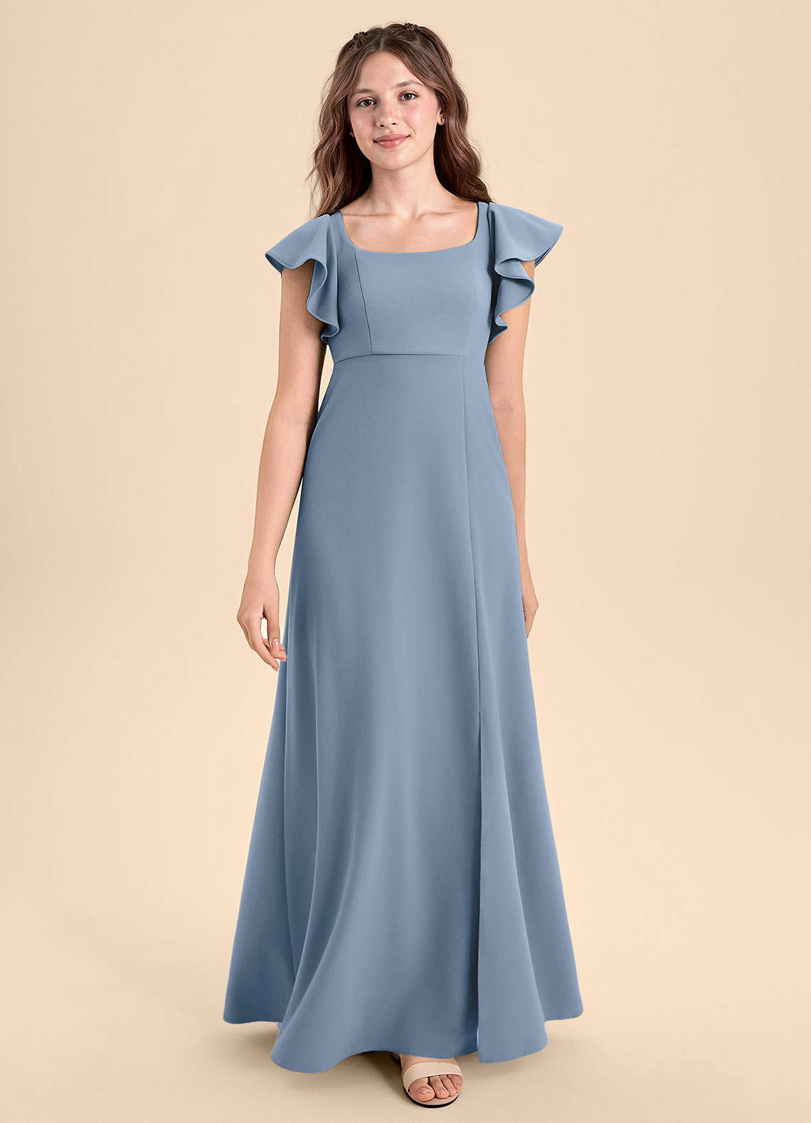Azazie Bondi Junior Dusty Blue A-Line Side Slit Stretch Crepe Dress image1