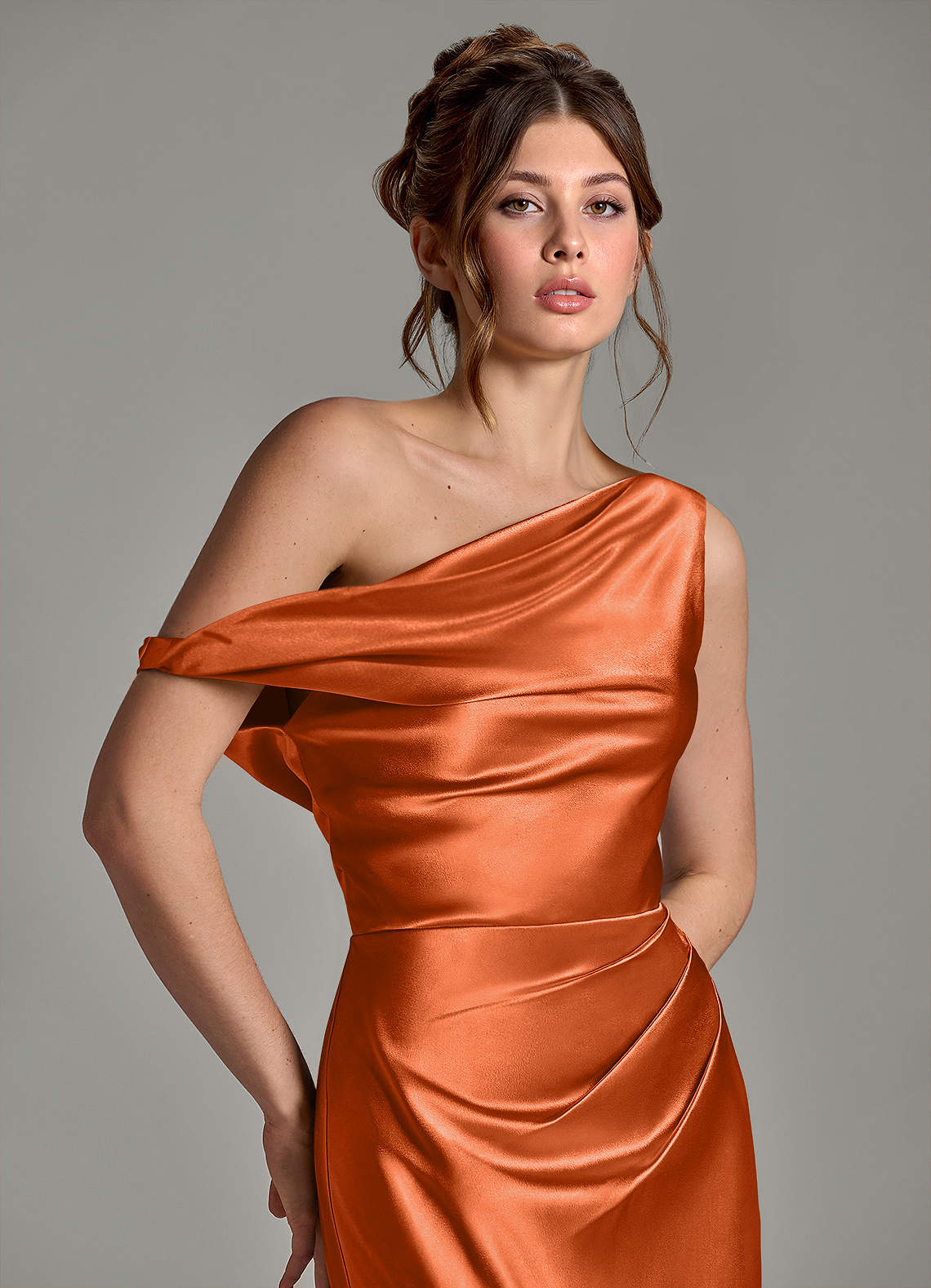 Azazie Emerson Bridesmaid Dresses Burnt Orange Mermaid Off the Shoulder Metallic Satin Dress image6