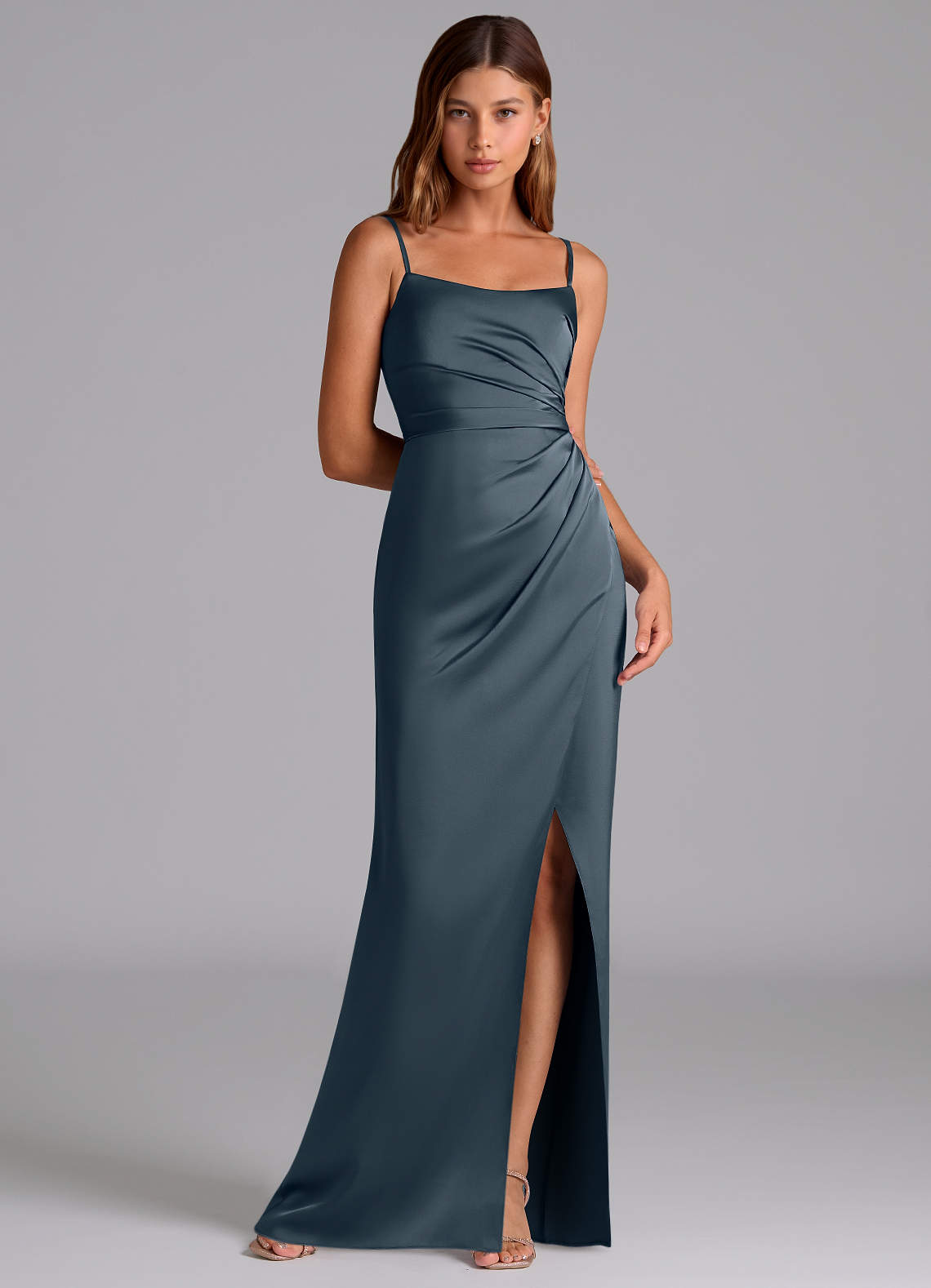 Azazie Calandra Bridesmaid Dresses Twilight A-Line Pleated Stretch Satin Dress image1