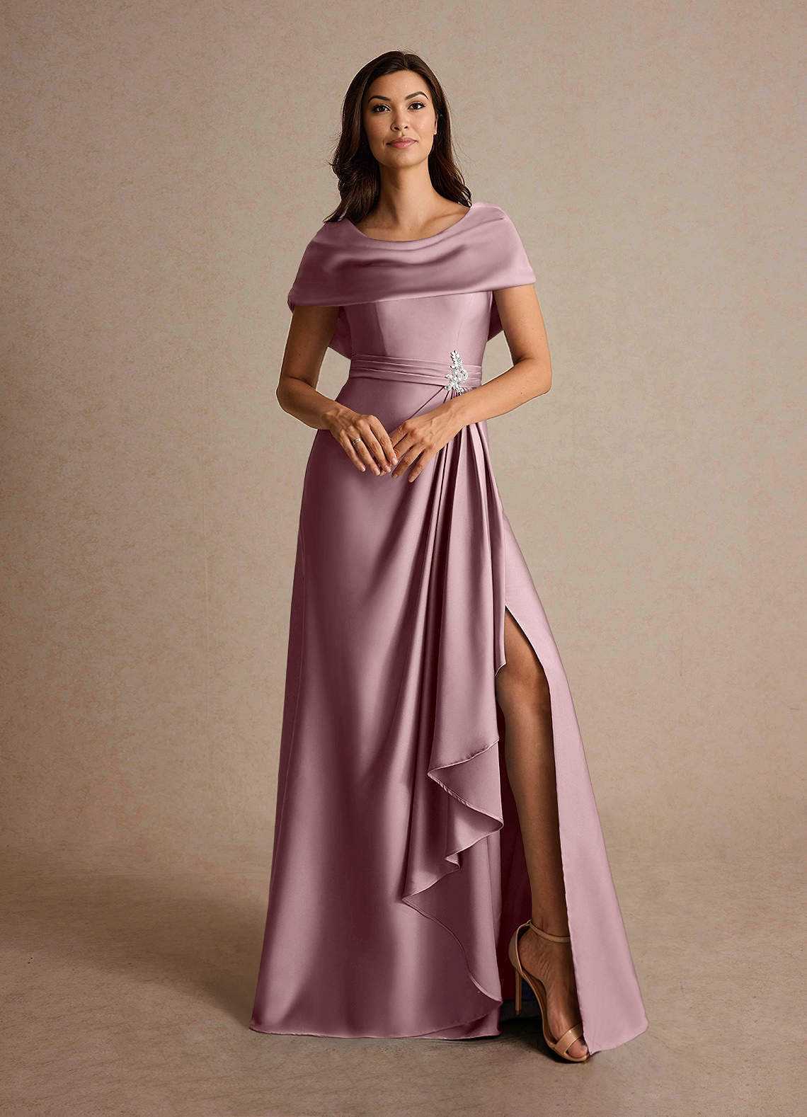 Azazie Branford Mother of the Bride Dresses Dusty Rose A-Line Pleated Stretch Satin Dress image6