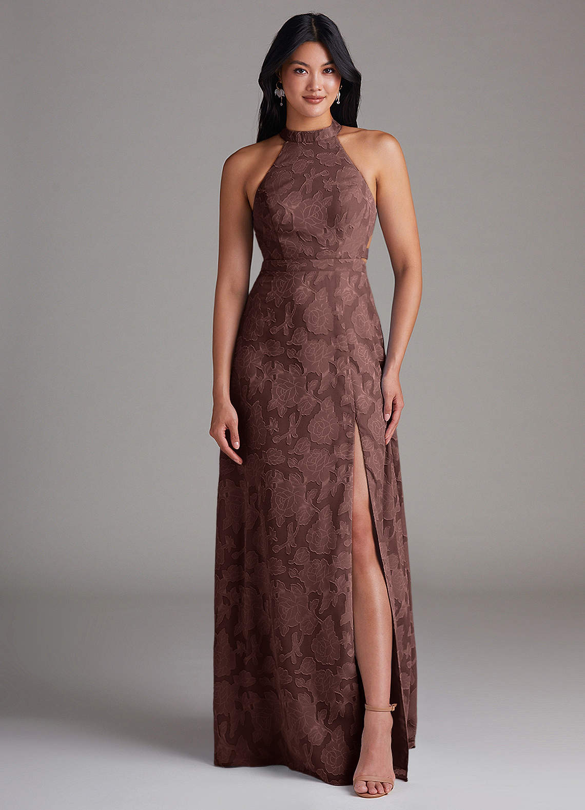 Azazie Clarice At-home Try On Dresses Butterscotch A-Line Side Slit Floral Burnout Dress image3