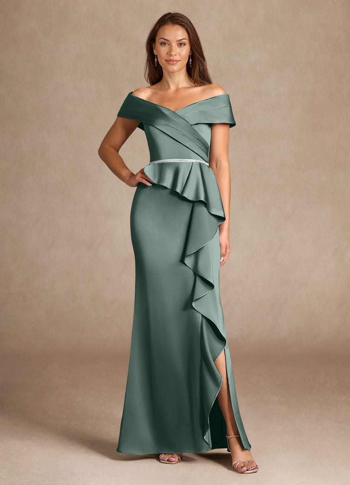 Azazie Dareia Kleider für die Brautmutter Meerjungfrau-Linie Schulterfrei Stretch-Satin Kleid Seemoos image1