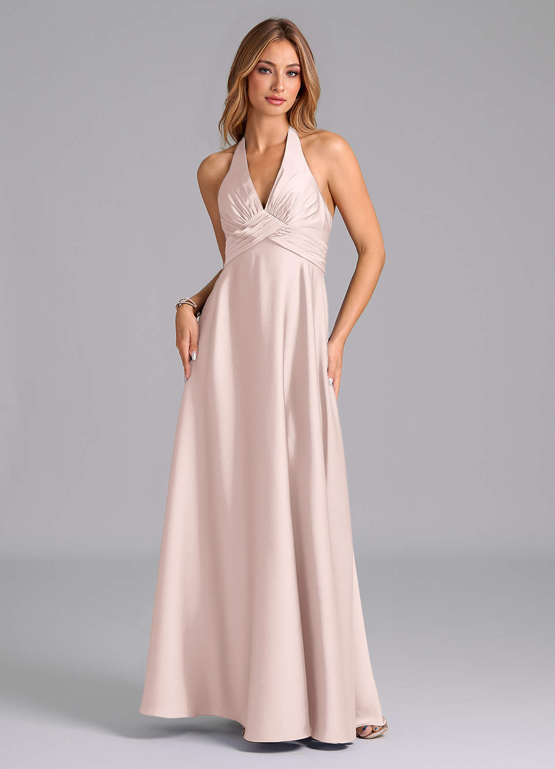 Azazie Tessie Vestidos de damas de honor Vestido de Rosa Rubor de Satén Elástico de Línea A con Plisado image5