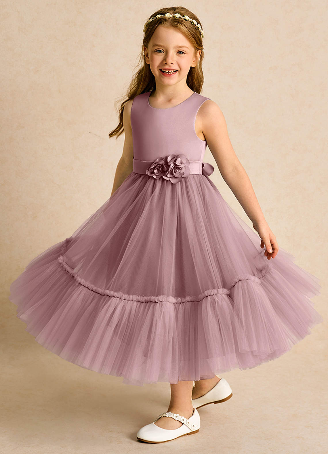 Azazie Miracle Blumenmädchenkleider A-Linie Schleifen Matte Satin Kleid Altrosa image3