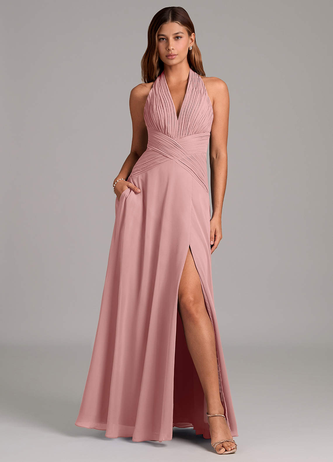 Azazie Elizabeth Bridesmaid Dresses Dusty Rose A-Line Pleated Chiffon Dress image1