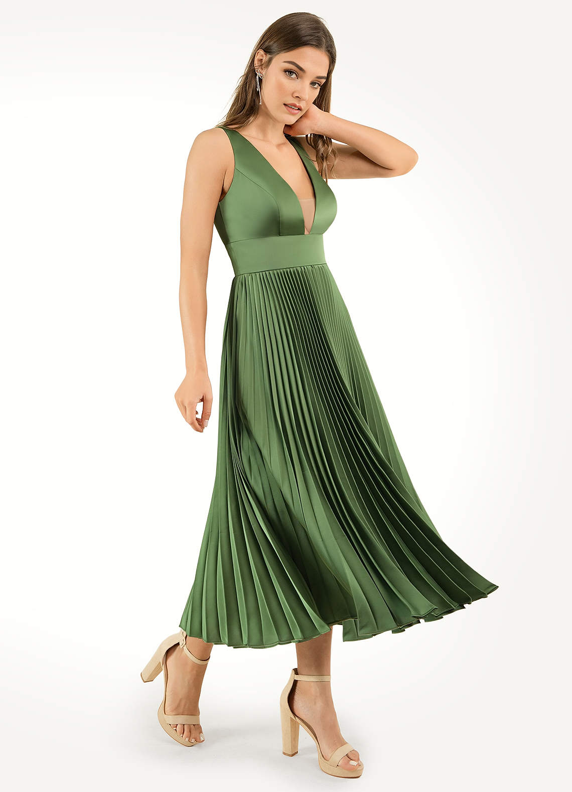 Dinah Olive Green Pleated Midi Dress Ready to Ship | Azazie Dinah Olive Green Pleated Midi Dress Ready to Ship | Azazie